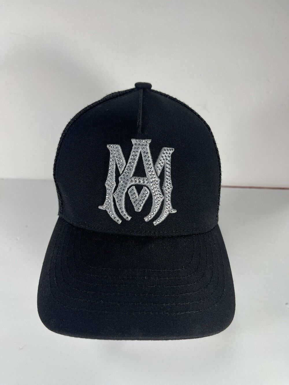 AMIRI Core Logo Trucker Hat Black Crystal Rhinestone MA Monogram Cap Made in USA